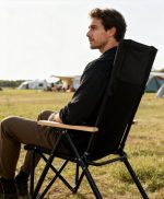 ⁦High Back Folding Camping Chair with Wood Armrests & Padded Headrest - Portable Steel Frame Lawn Deck Chair for Outdoor Patio Beach Events⁩ - الصورة ⁦6⁩