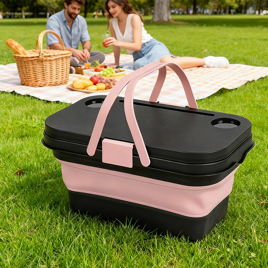 1 Collapsible Picnic Basket Tote with Table Lid & Cup Holders – Foldable Insulated Storage for Camping, Beach, Car — изображение 1
