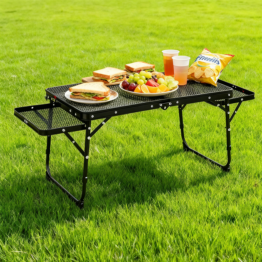 2 Foldable Mesh Camping Table with Extendable Side Wings – Portable Steel Outdoor BBQ & Stove Prep Station - 画像 (1)