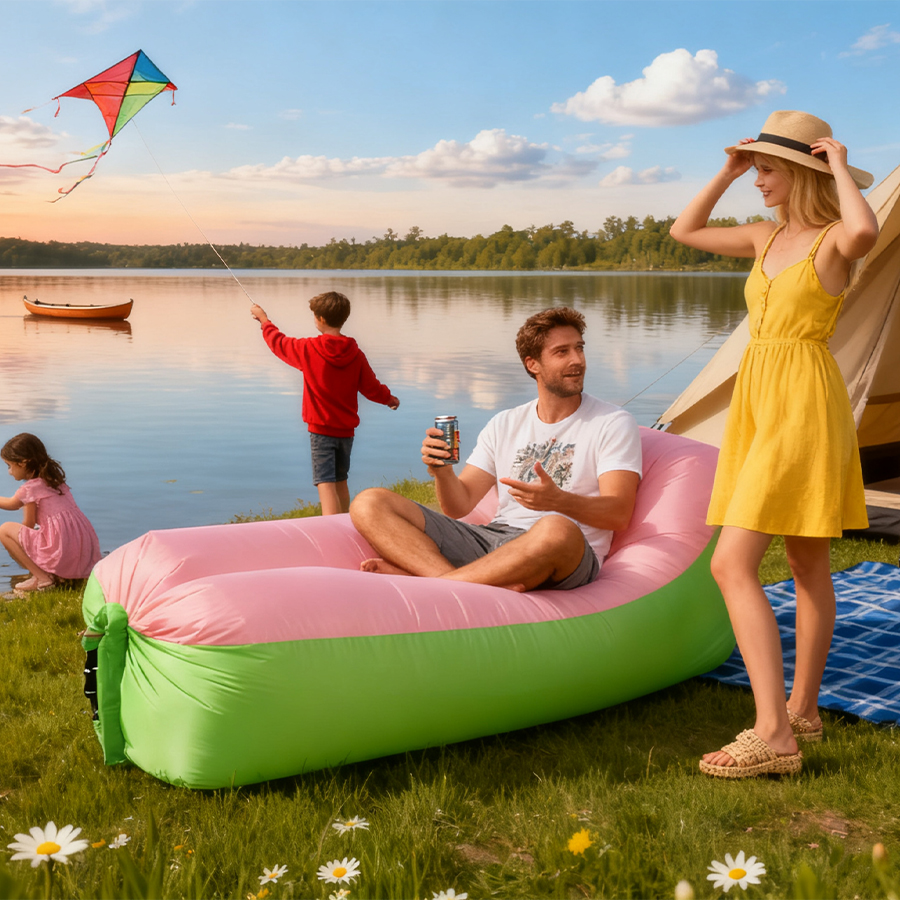 3 Oversized Inflatable Lounger with Built-in Pillow - Pink & Green Air Sofa Hammock for Festivals and Beach - الصورة 1