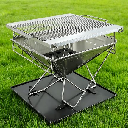 Large Stainless Steel Folding Camping Grill and Portable Fire Pit - Heavy Duty Charcoal BBQ for Outdoors
