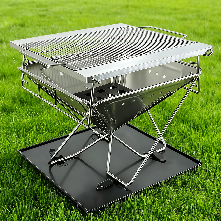 3 Large Stainless Steel Folding Camping Grill and Portable Fire Pit - Heavy Duty Charcoal BBQ for Outdoors - Imagem 1