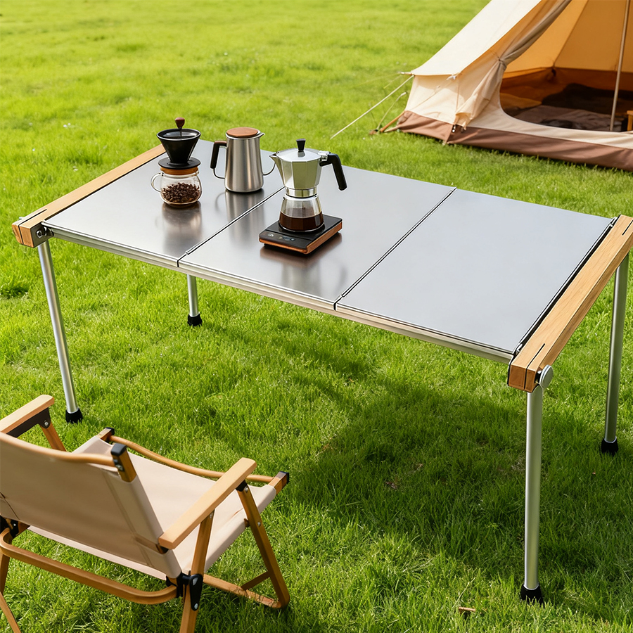 3 Large Stainless Steel Camping & Grill Table – Heat-Resistant Folding Outdoor Cooking Prep Station with Wood Accents - 画像 (1)