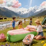 ⁦Oversized Inflatable Lounger with Built-in Pillow - Pink & Green Air Sofa Hammock for Festivals and Beach⁩ - الصورة ⁦4⁩