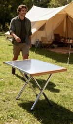 Small Portable Folding Camping Table - Stainless Steel Top with Wood Accents for Cooking & Side Use - 画像 (5)