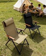 High Back Folding Camping Chair with Wood Armrests & Padded Headrest - Portable Steel Frame Lawn Deck Chair for Outdoor Patio Beach Events