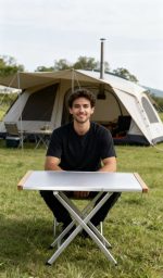Small Portable Folding Camping Table - Stainless Steel Top with Wood Accents for Cooking & Side Use - 画像 (3)